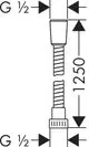 Schematische Darstellung eines Brauseschlauchs von Hansgrohe mit Gewindeanschlüssen und bestimmten Markierungen für die Montage.